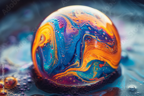 A macro shot of a soap bubble, the surface reflecting and distorting the surrounding world with vibr © Oleksandr