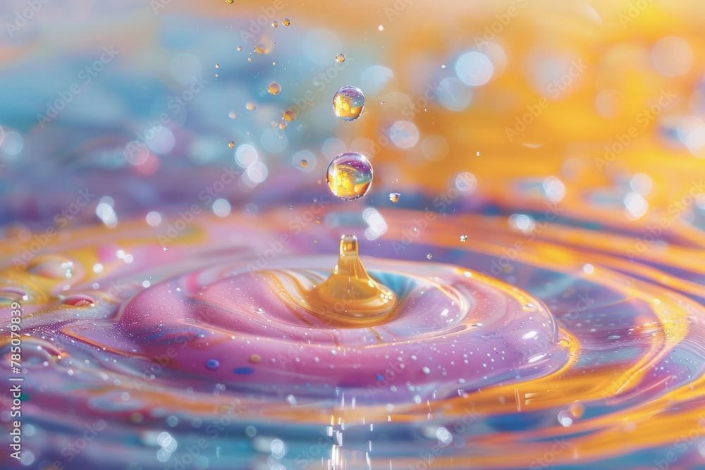 A macro shot of oil droplets infused with different colored dyes, floating in a water bath, resembli