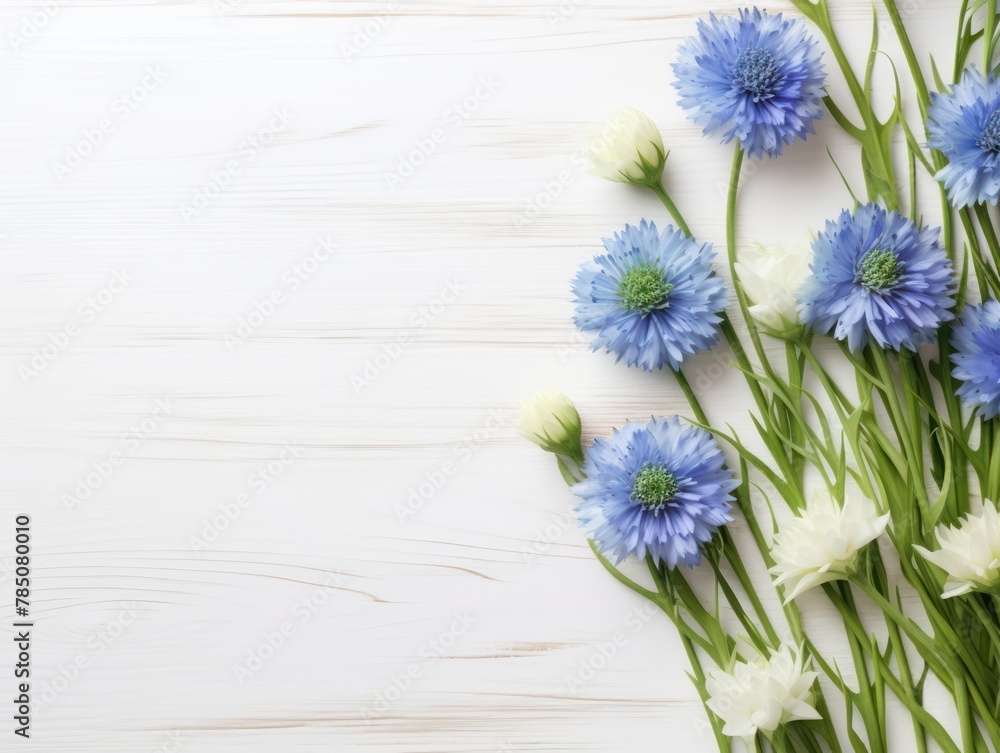 Beautiful indigo cornflower flowers on a white wooden background, in a top view with copy space for text