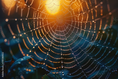 A close-up of dewdrops on a spiderweb at dawn, each droplet catching the light and sparkling like a