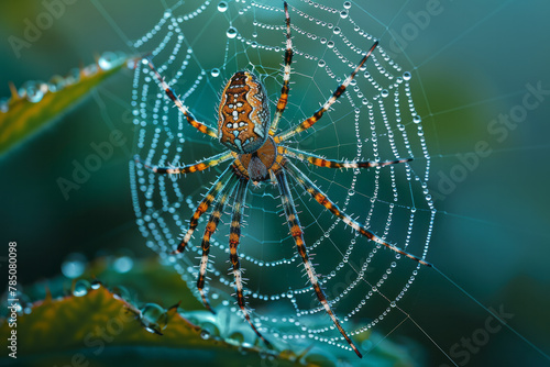 A photograph of a large, intricate web after a misty morning, the structure so laden with dew it sag