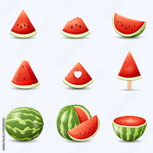 Watermelon vector illustration. Watermelon, whole, sliced, halves, slices, quarters, piece with bite and heart. Colored illustration in сartoon style 
