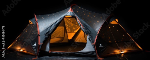 A tent with a yellow roof is lit up in the dark. The tent is a small, black and orange tent