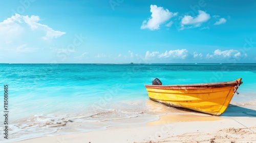 Small boat is dry docked, withdrawn at the beach, coastline.