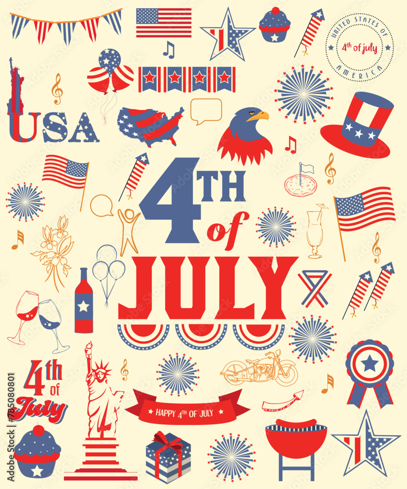 4th Of July Greeting With Set Of Different Vectors And Icons
