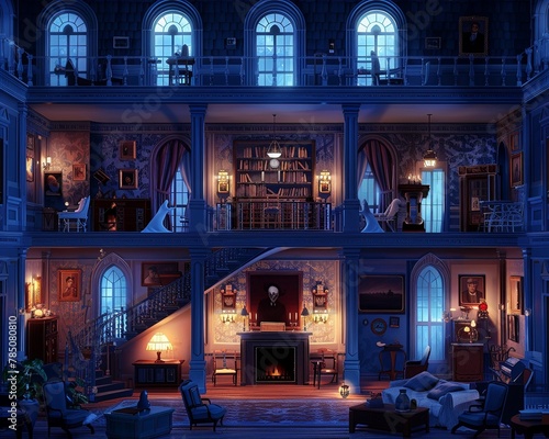 A haunted mansion where each room reveals a different era of history, its ghostly inhabitants reenacting tales of love, betrayal, and mystery,  photo