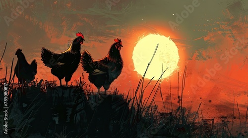 Chicken at sunset. Generative AI