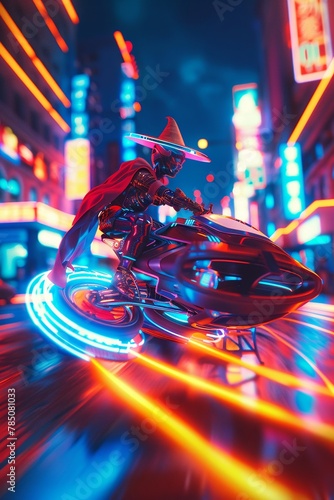 Sorcerer on a hoverbike, neon city blur, night, wide shot, fusion of magic and future tech