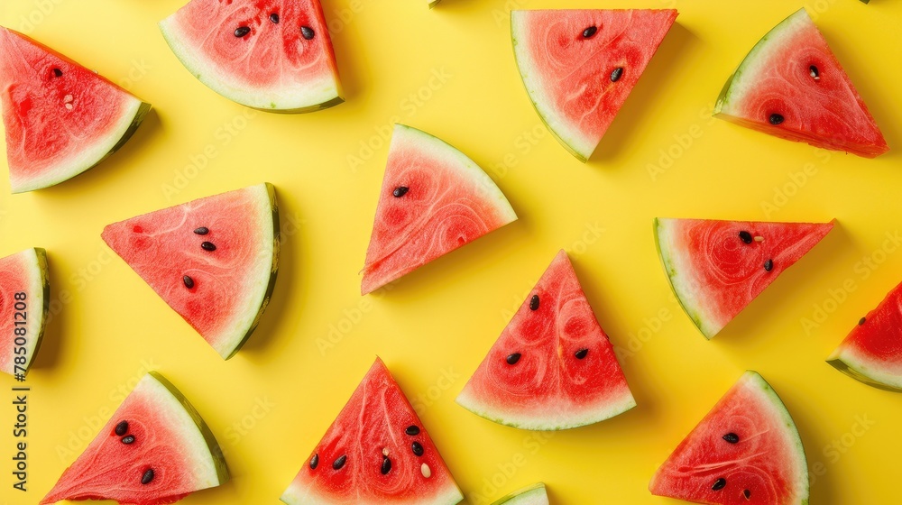 Above view at watermelon cut parts on yellow background Above view at watermelon cut parts on yellow background