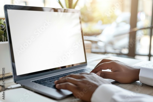 Man using laptop in office sitting at desk. Empty blank white screen mockup. Copy space area for text, logo, app. Person working, male hands typing. Mock up display PC. Business websites, services ads photo