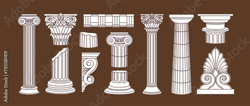 Antique Greek and Roman pillars set. Ancient classic architecture elements, decorations. Architectural vintage style columns, pedestals, historic structures of antiquity. Isolated vector illustrations