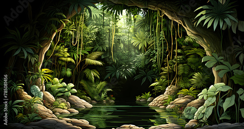 an animated forest with trees ferns and small rocks photo