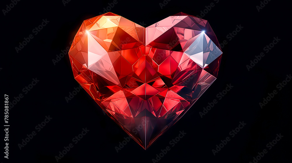 Red diamond heart on black background. Valentines day concept.
