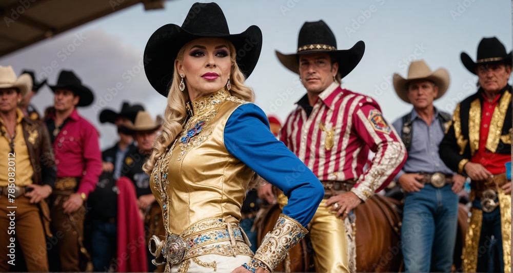 poised cowgirl in ornate golden attire stands confidently before a group of cowboys, embodying the vibrant spirit of a Western rodeo
