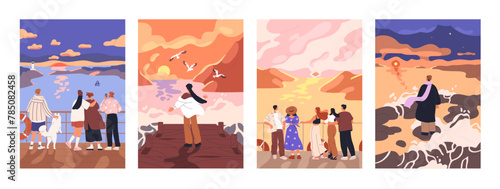 People watching sunset at sea. Characters from behind, looking and enjoying evening sky, sun, standing on deck, pier. Seaside landscapes, travel posters set. Flat graphic vector illustrations © Good Studio