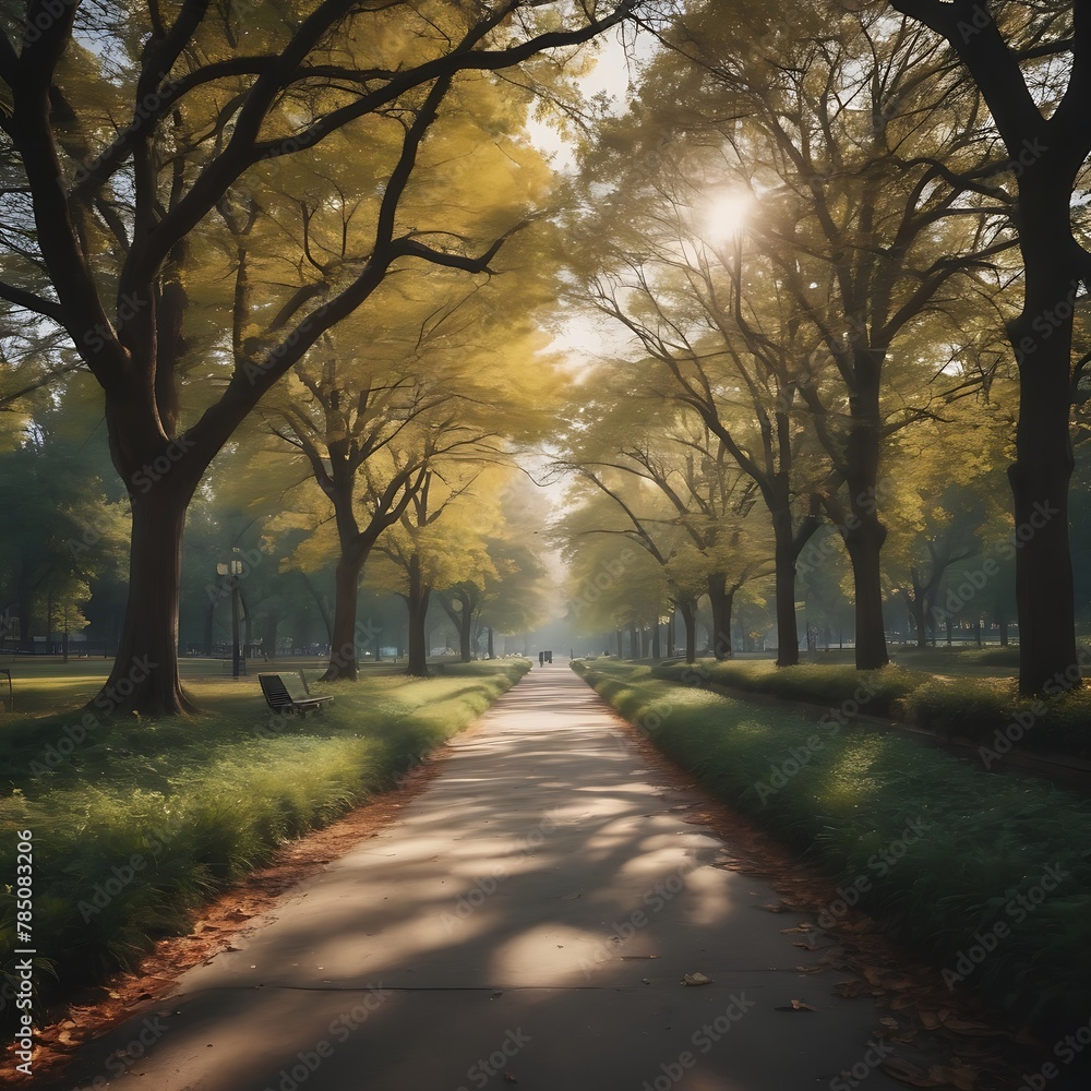 Naklejka premium Public park walkway surrounded by trees