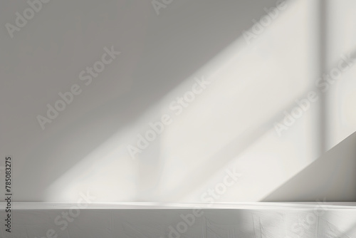 Minimal abstract background  light and shadow of tree leaves. Cosmetic product presentation. Premium podium. Pastel soft gray wall  white table. Showcase display case. Front view. Mockup ad. Concrete