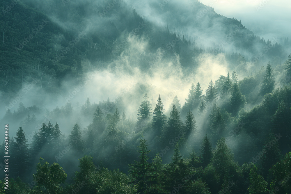 An image of morning light diffused through the mist over a mountain, the texture of the mist softeni An image of morning light diffused through the mist over a mountain, the texture of the mist softeni
