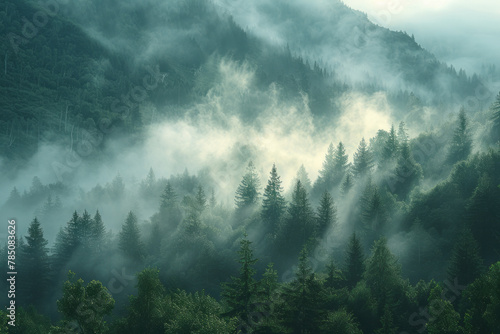 An image of morning light diffused through the mist over a mountain  the texture of the mist softeni