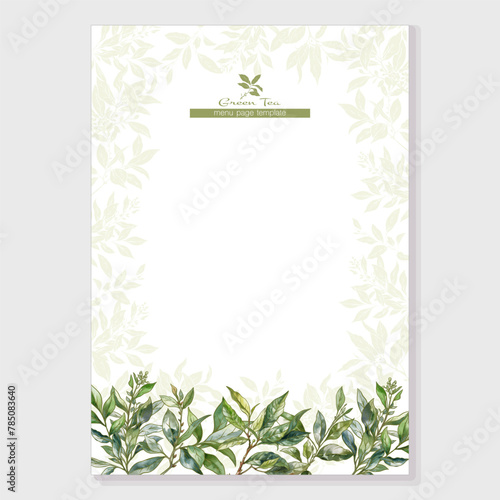 Green tea branch with leaves Border, frame, template for menu page, product label, cosmetic packaging. Vector illustration. In botanical style
