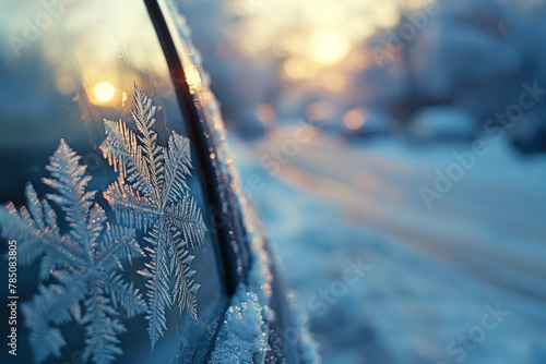 An image showing the intricate designs of frost on a car's windshield, each pattern unique, like nat photo
