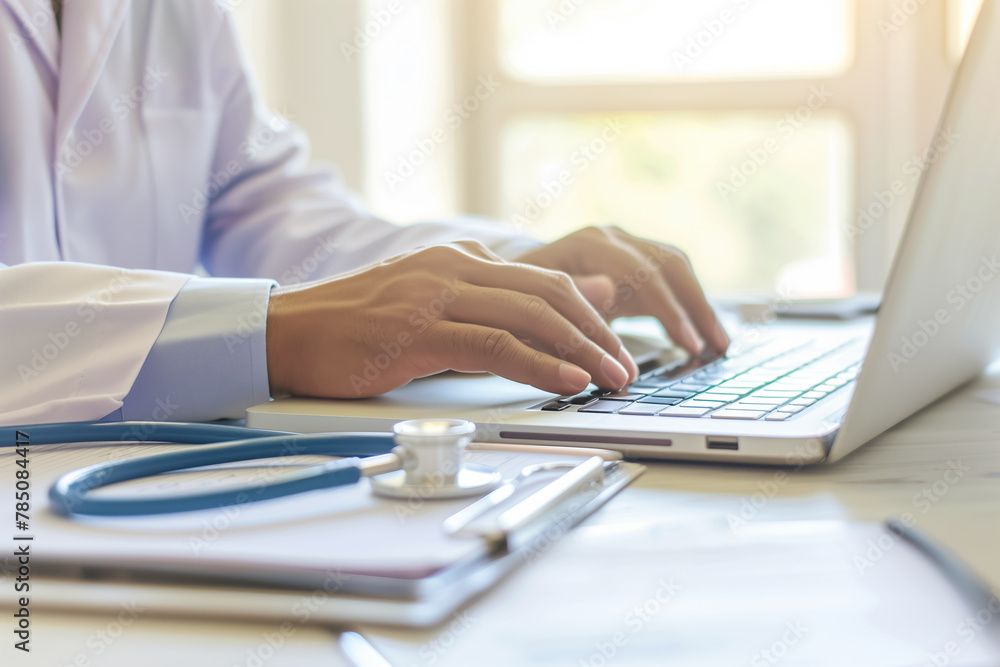 A doctor hands are seen typing on a laptop, with a stethoscope lying nearby, in a sunlit modern clinic., symbolizing the digital evolution in medicine. A doctor hands are seen typing on a laptop, with a stethoscope lying nearby, in a sunlit modern clinic., symbolizing the digital evolution in medicine.