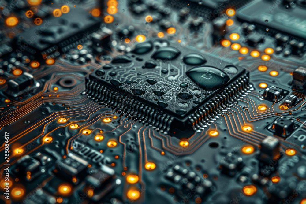 A detailed shot of a circuit board after rain, droplets of water magnifying the tiny, usually unseen A detailed shot of a circuit board after rain, droplets of water magnifying the tiny, usually unseen