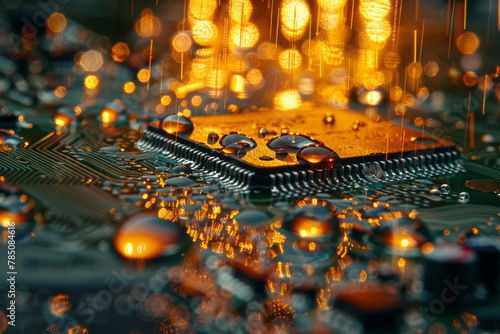 A detailed shot of a circuit board after rain, droplets of water magnifying the tiny, usually unseen