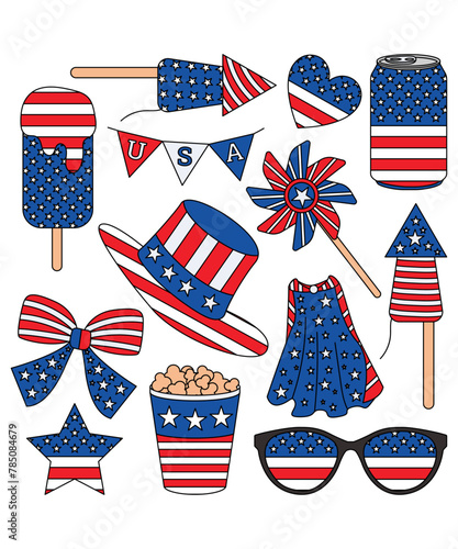 Different 4th Of July Elements Like Star Fireworks Beer Popsicle Hat Sunglasses Ribbon Hat And Popcorn