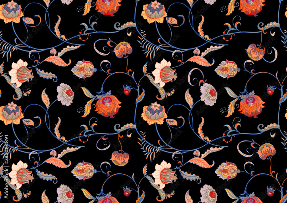 custom made wallpaper toronto digitalFantasy flowers in retro, vintage, jacobean embroidery style. Seamless pattern, background. Vector illustration.