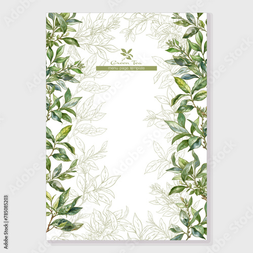 Green tea branch with leaves Border, frame, template for menu page, product label, cosmetic packaging. Vector illustration. In botanical style
