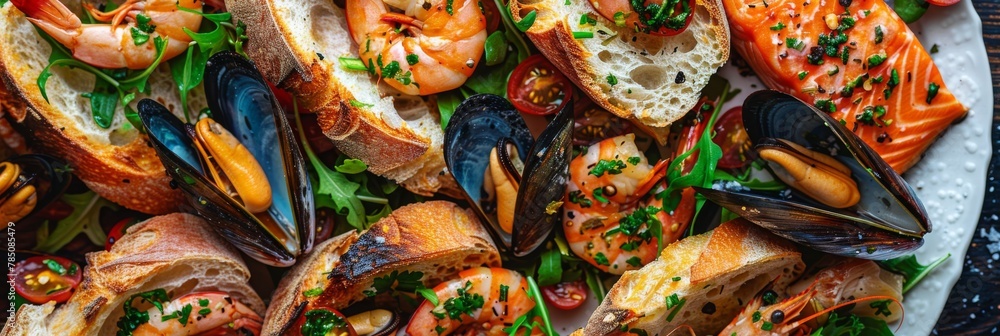 Seafood with Garlic Baguette, Toasted Bread, Cooked Prawns, Shrimps, Mussels and Salmon Fillet