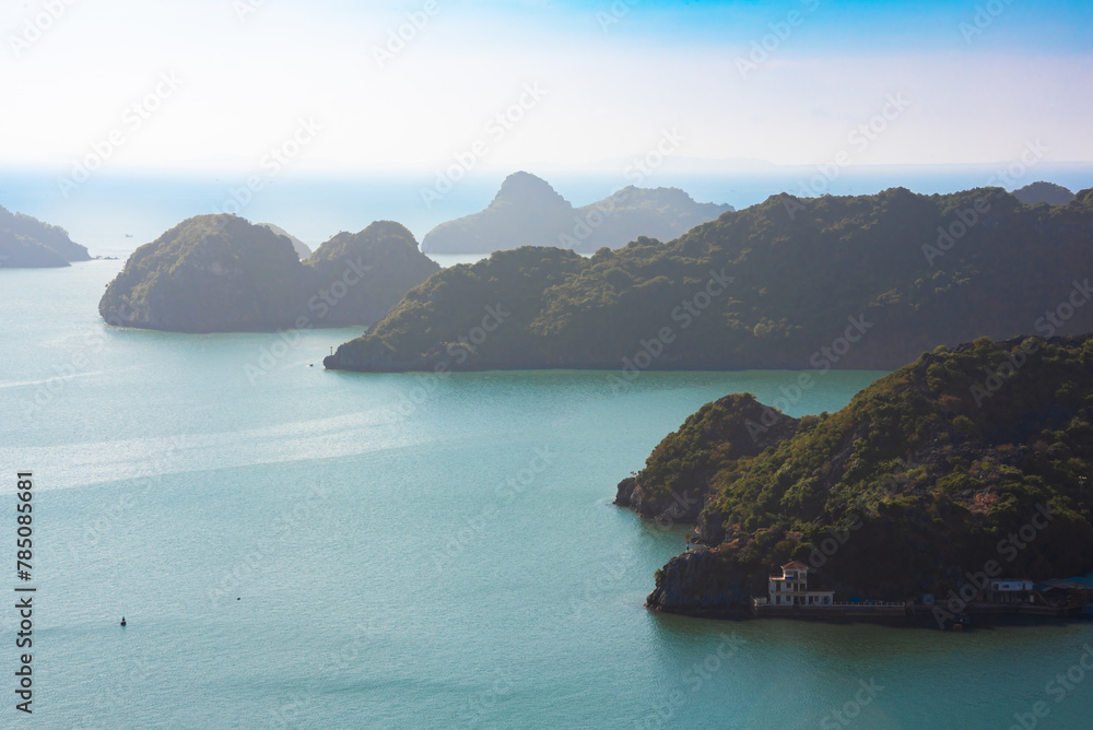 Sea landscape in Vietnam with many small islands. View from above