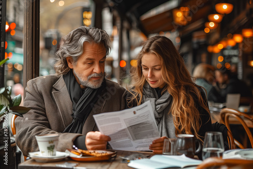 An older man and a younger woman engaged in choosing from a menu in a cozy cafe setting © Jelena