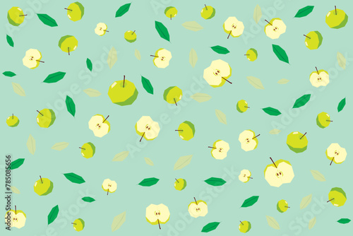 Illustration pattern of Green apple with leaf on soft green background.
