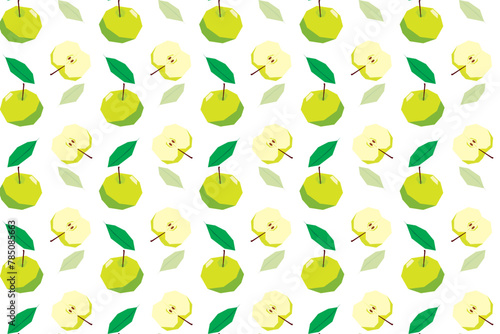 Illustration pattern of green apple with leaf on white background.