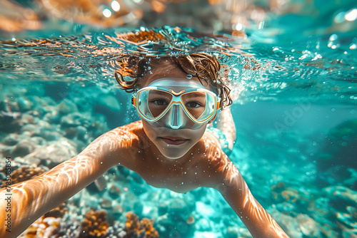 Captivating underwater view of a woman with swim goggles swimming among colorful corals