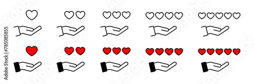 Donate rating icon. Hand holding hearts icons set. Vector concept