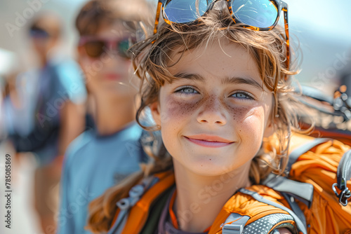 Confident young girl with freckles and sunglasses smiling on a sunny day with backpack