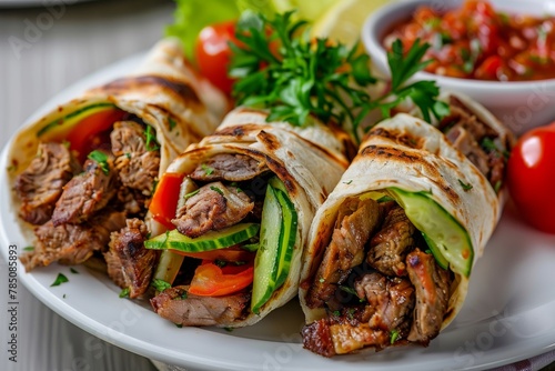 Barbeque Meat Shaverma, Doner Kebab with Vegetables, Tortilla Rolls Stuffed with Fried Beef