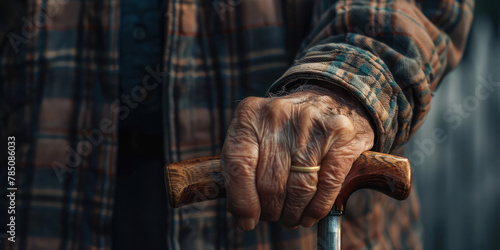 The old person wrinkled hand rests on a walking cane. A background for a boarding house for the elderly.