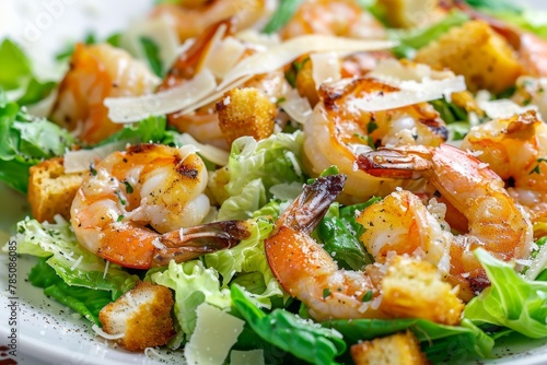 Caesar Salad, Cesar Salat or Barbecue Shrimps Ceasar with Green Lettuce, Grated Parmesan Cheese photo