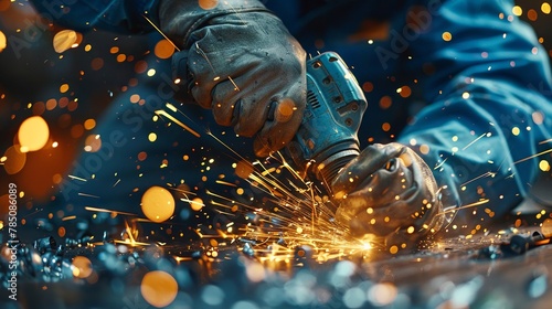 A shard of metal with sparks flying from an angle on the table, a worker in protective glasses and gloves holding a welding machine