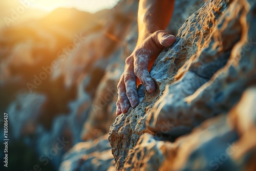 Close-up of a climber's hand gripping a rocky surface, with sunset light highlighting the texture, AI generated. photo