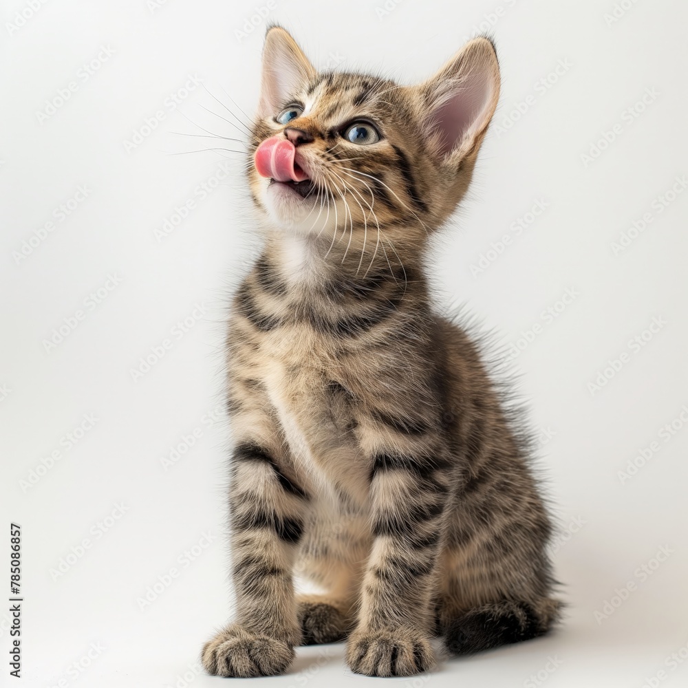 Cute tabby kitten with tongue out on a clean white background.