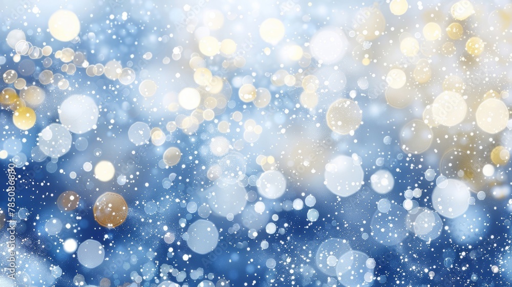 Defocused light orbs with blue and white tones resembling gentle snowfall or festive lights.