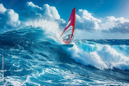 A windsurfer takes on the turquoise seas, showcasing the intensity and excitement of harnessing the power of wind and water. AI Generated.