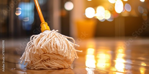 Close-up of a yellow wet mop cleaning a shiny wooden floor.