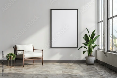 Poster frame mock-up in home interior on green background with rattan chair and decor in living room, 3d render. Beautiful simple AI generated image in 4K, unique. photo