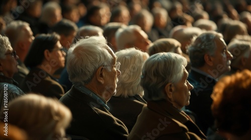 A group of elderly people attentively listening in a crowded audience at a daytime event. © tashechka